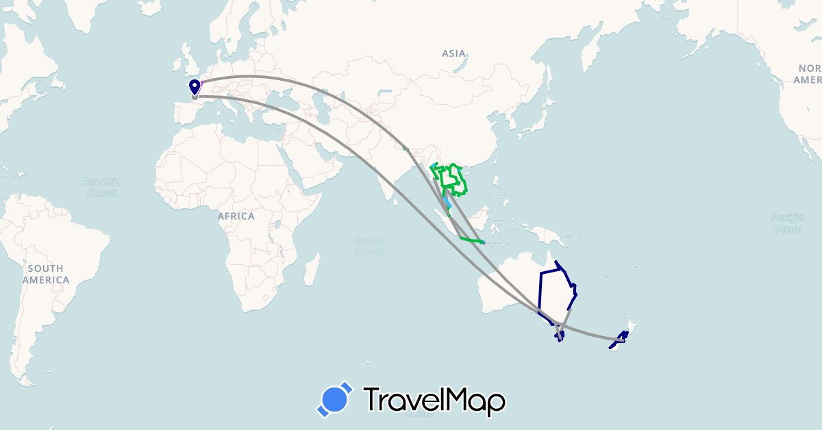 TravelMap itinerary: driving, bus, plane, train, hiking, boat, motorbike in Australia, France, Indonesia, Cambodia, Laos, Myanmar (Burma), Malaysia, Nepal, New Zealand, Thailand, Vietnam (Asia, Europe, Oceania)
